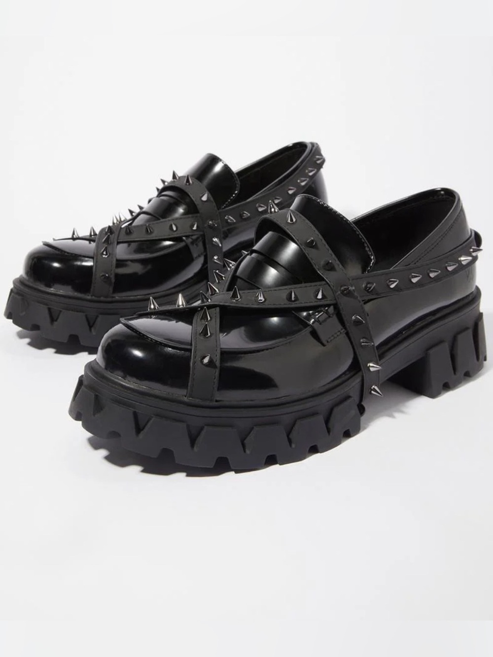 Women's Black Spiked Platform Loafers - Chunky Punk Slip-Ons Size 10